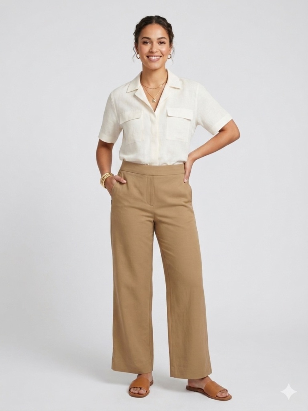 Theory Tan Wide Leg Pants Minimalist High Rise Elastic Waist Relaxed Trousers 2